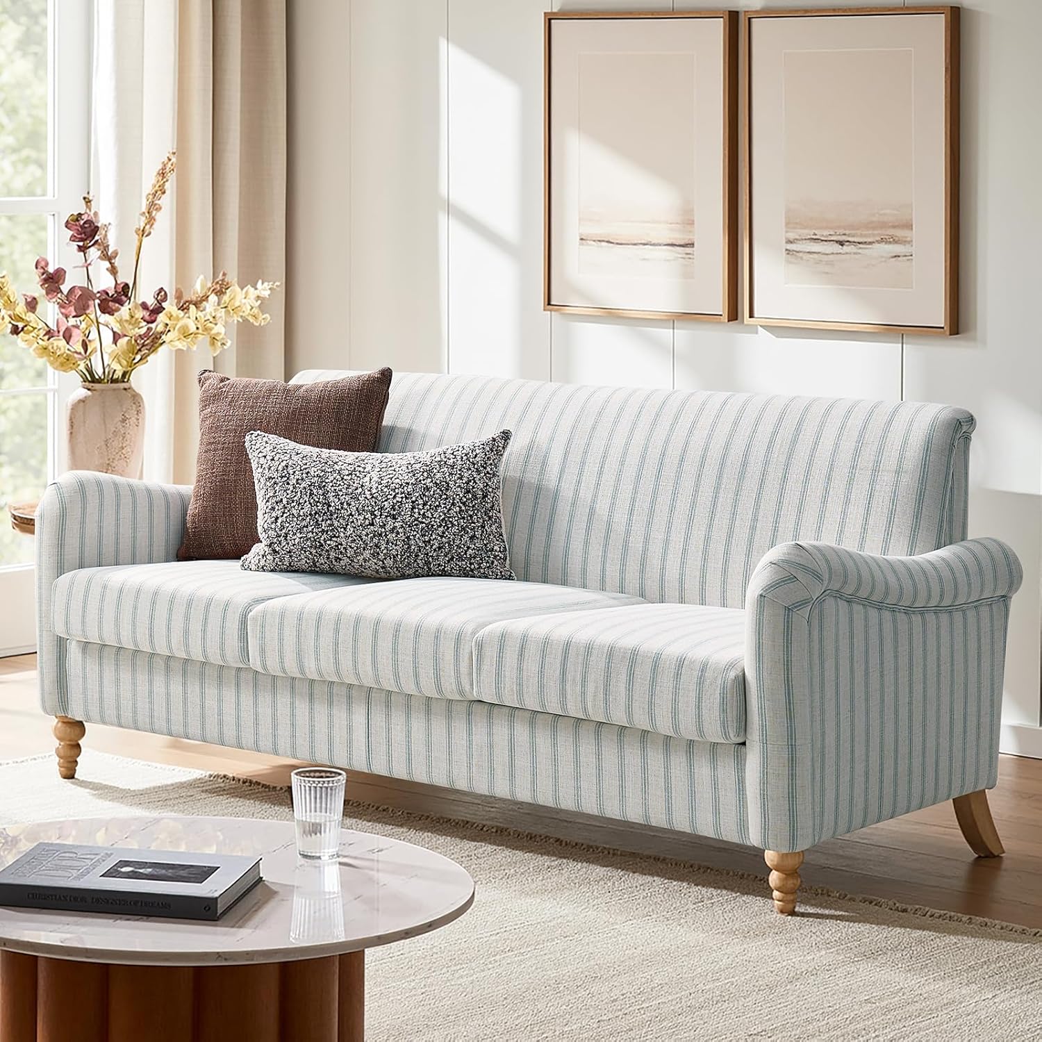 HULALA HOME 50.5" Loveseat Sofa with Solid Wood Spindle Legs, 2 Seater Farmhouse Sofa with Rolled Wide Armrests, Comfy Upholstered Small Couch for Living Room Bedroom, Linen