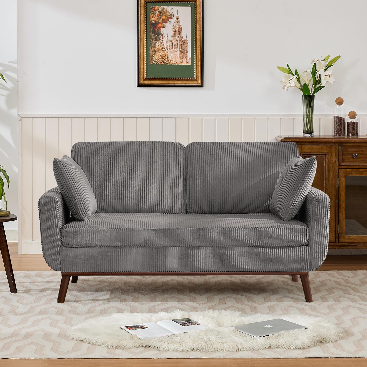 Kingfun 65.2" W Loveseat Sofa, Mid Century Modern Decor Love Seat Couches for Living Room, Button Tufted Upholstered Furniture, Solid & Easy to Install Small Couch for Bedroom Office Apartment, Beige | linen fabric, button tufted, solid wood foot, pocket