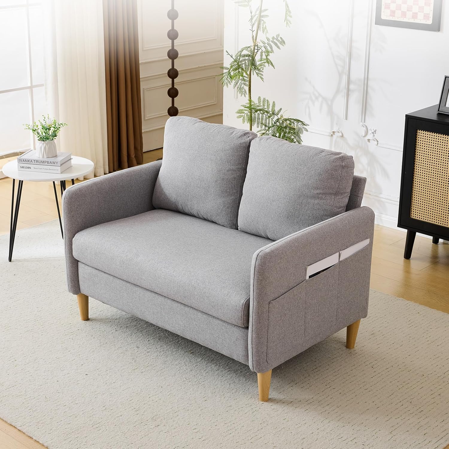 VINGLI 47" Small Couch, Linen Loveseat Sofa Light Grey Mini Couch Mid Century Modern Decor Love Seat for Small Spaces Living Room, Bedroom, Play Room