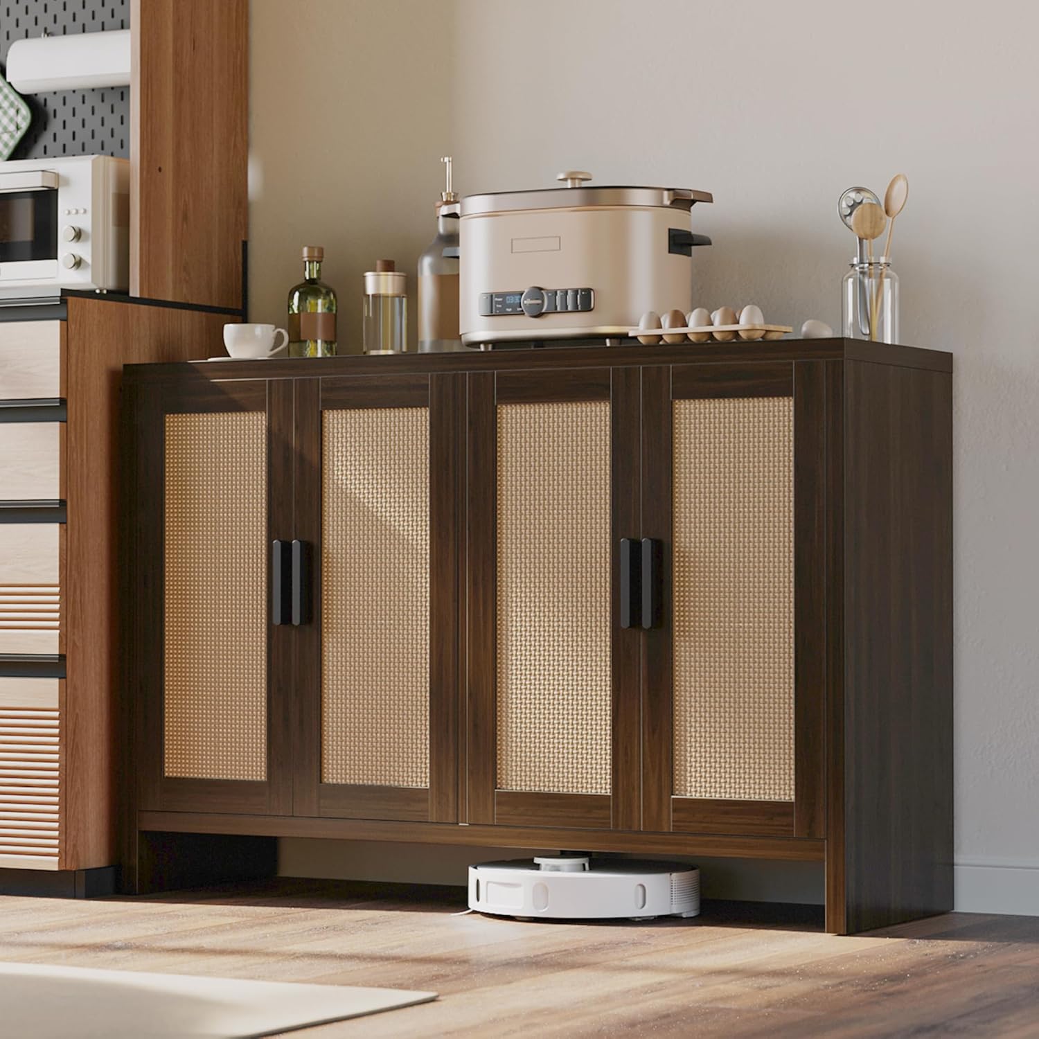 Mericonia Rattan Buffet Cabinet with Storage, Sideboard Cabinet with Doors and Adjustable Shelves, Farmhouse Coffee Bar Station Table, Modern Wood Cupboard for Kitchen, Livingroom and Dining Room