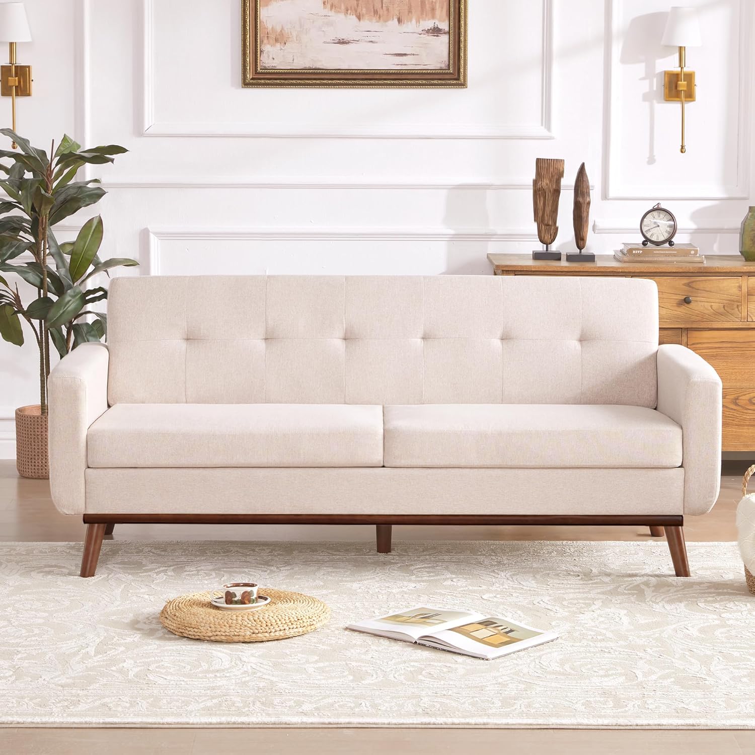Kingfun 65.2" W Loveseat Sofa, Mid Century Modern Decor Love Seat Couches for Living Room, Button Tufted Upholstered Furniture, Solid & Easy to Install Small Couch for Bedroom Office Apartment, Beige | linen fabric, button tufted, solid wood foot, pocket
