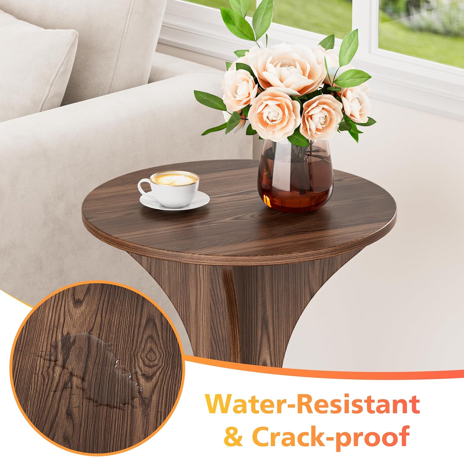 Round Side End Table - Wood Accent Coffee Table for Living Room, Modern Circle Nightstand with Pedestal for Small Spaces Bedroom Sofa, Vintage Corner Couch Bedside Table (Rustic Brown)