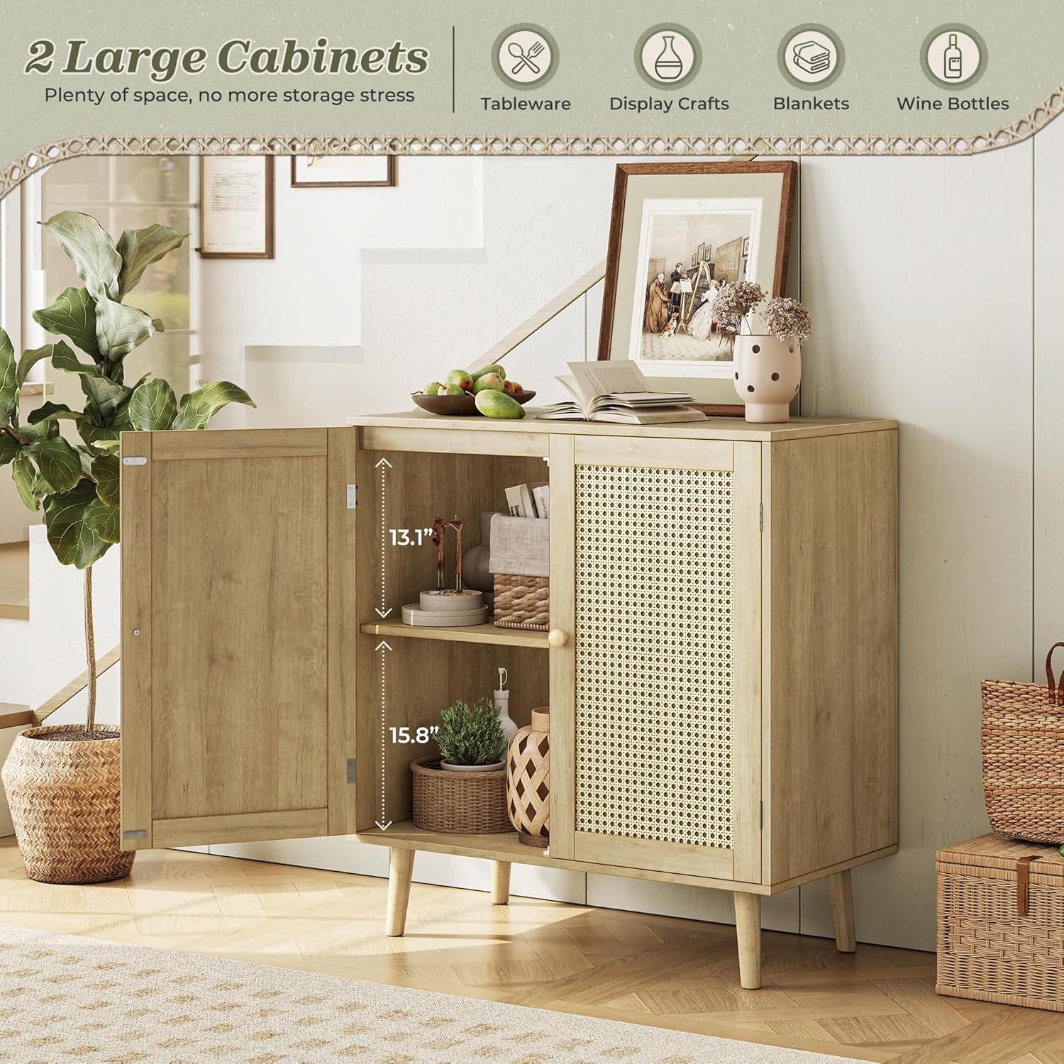 Huuger Buffet Cabinet with Storage, Storage Cabinet with PE Rattan Decor Doors, Accent Sideboard Buffet with Solid Wood Feet, for Hallway, Entry, Living Room, Natural