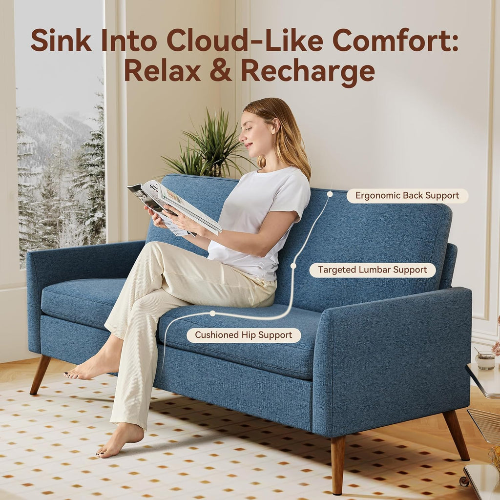 Vipbear 68" Loveseat Sofa - Blue, Comfy Linen with Spring Cushion, Solid Wood Frame, Modern Deep Seat, Bedroom & Living Room, Office Small Couch
