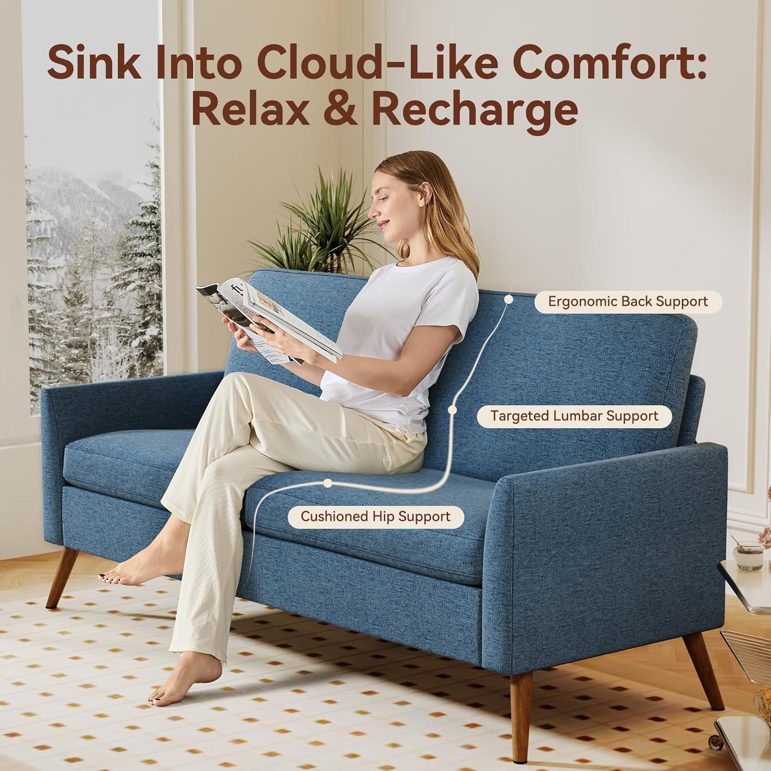 Vipbear 68" Loveseat Sofa - Blue, Comfy Linen with Spring Cushion, Solid Wood Frame, Modern Deep Seat, Bedroom & Living Room, Office Small Couch