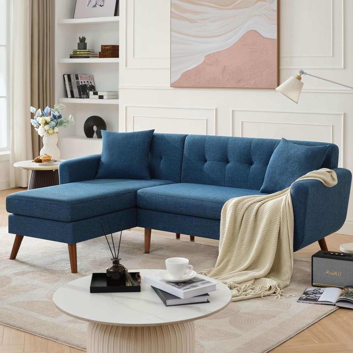 Tbfit 65" W Loveseat Sofa, Mid Century Modern Decor Love Seat Couches for Living Room, Button Tufted Upholstered Small Couch for Bedroom, Solid and Easy to Install Love Seats Furniture, Beige | linen fabric, button tufted, solid wood foot, pocket spring,