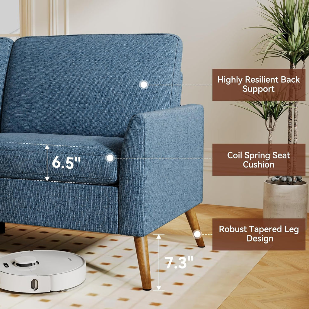 Vipbear 68" Loveseat Sofa - Blue, Comfy Linen with Spring Cushion, Solid Wood Frame, Modern Deep Seat, Bedroom & Living Room, Office Small Couch
