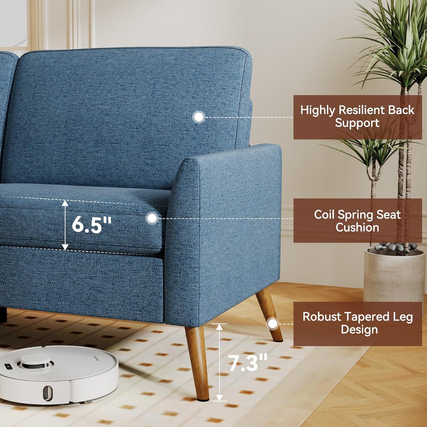 Vipbear 68" Loveseat Sofa - Blue, Comfy Linen with Spring Cushion, Solid Wood Frame, Modern Deep Seat, Bedroom & Living Room, Office Small Couch