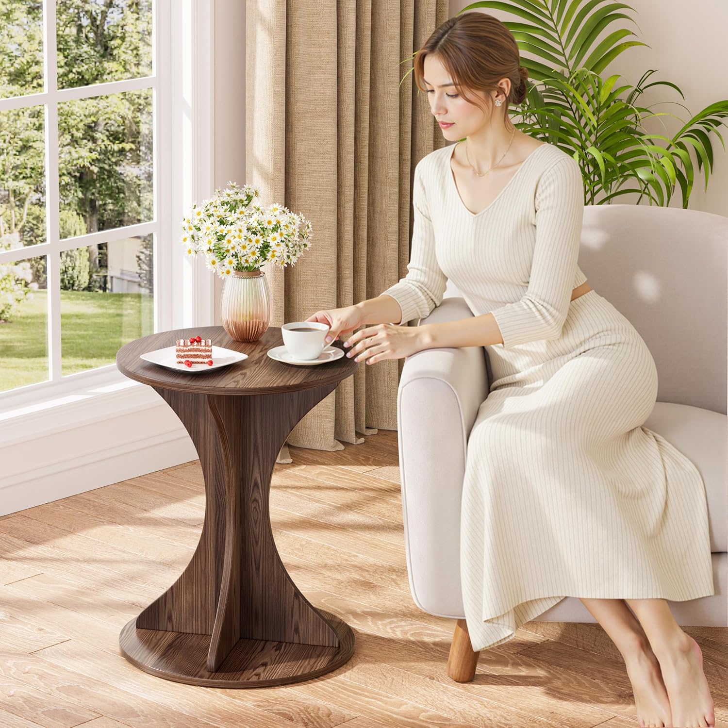 Round Side End Table - Wood Accent Coffee Table for Living Room, Modern Circle Nightstand with Pedestal for Small Spaces Bedroom Sofa, Vintage Corner Couch Bedside Table (Rustic Brown)