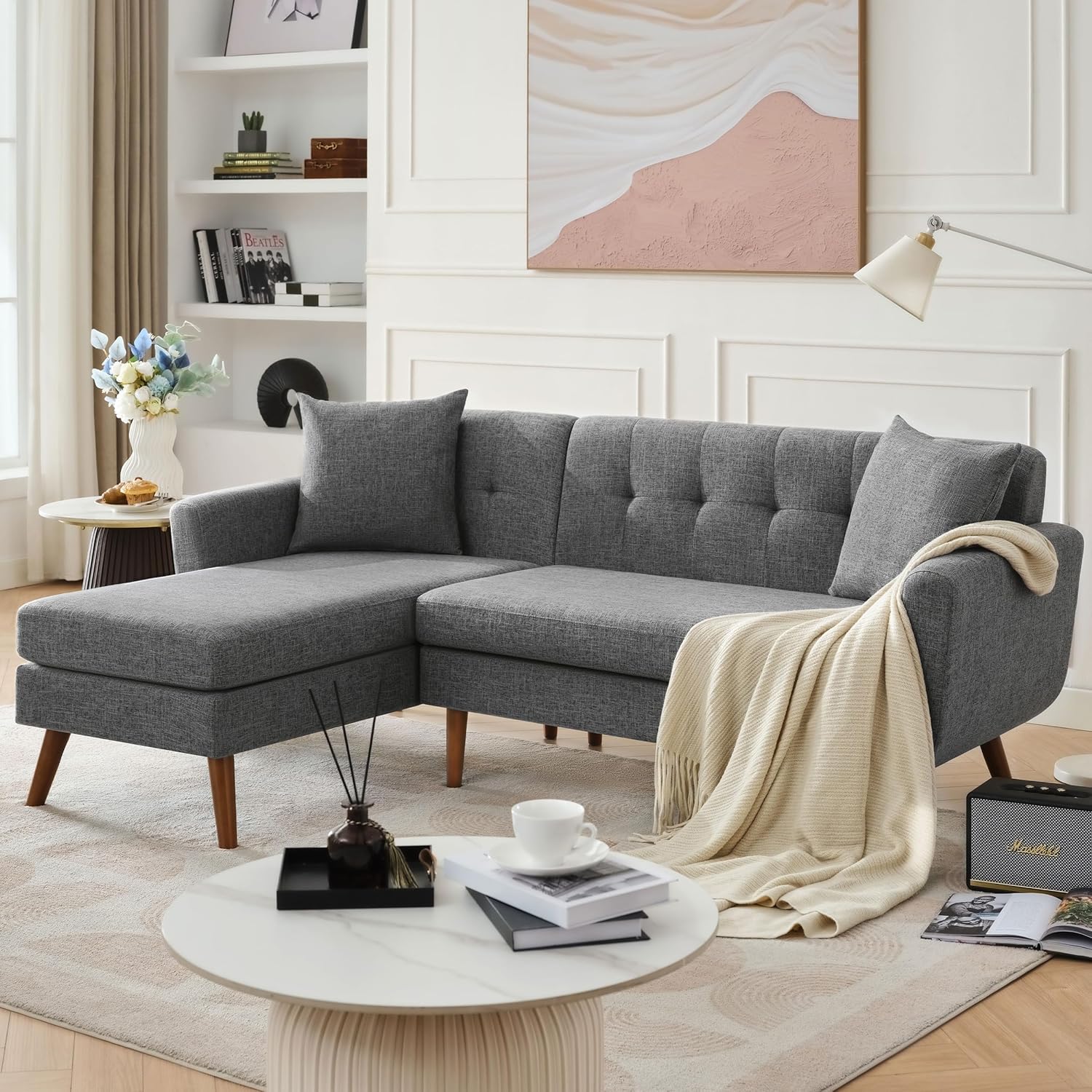 Tbfit 65" W Loveseat Sofa, Mid Century Modern Decor Love Seat Couches for Living Room, Button Tufted Upholstered Small Couch for Bedroom, Solid and Easy to Install Love Seats Furniture, Beige | linen fabric, button tufted, solid wood foot, pocket spring,