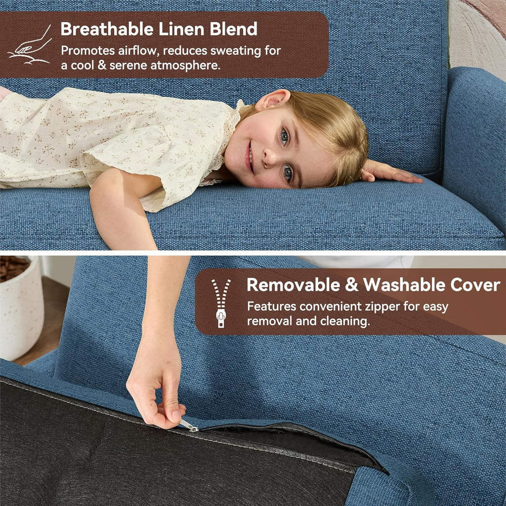 Vipbear 68" Loveseat Sofa - Blue, Comfy Linen with Spring Cushion, Solid Wood Frame, Modern Deep Seat, Bedroom & Living Room, Office Small Couch